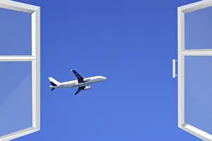 Air Transport Aviation Industry Imprime: Opened window with view to flying plane