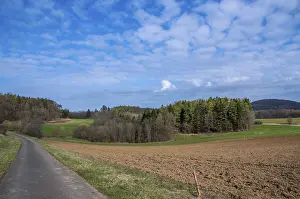 Deserted Road Imprime: Paved road cutting through spring fields