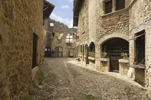 Uninhabited Stone Houses Imprime: Cobblestone street, medieval walled town of Perouges