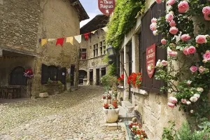 Medieval Fortresses Imprime: Cobblestone street, medieval walled town of Perouges