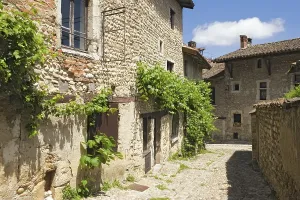 Uninhabited Medieval Fortress Imprime: Cobblestone street, medieval walled town of Perouges