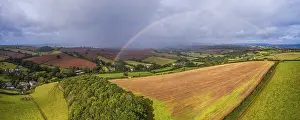Agricultural Landscapes UK Imprime: Rainbow over the Fields over Compton Castle from a drone