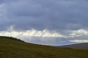 Nature Photography UK Imprime: Rays of light break through the clouds above a hill with trees