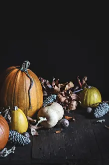 Wooden Surface Decor Imprime: A rustic display of assorted pumpkins in warm tones