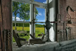 Black Forest Landscape Imprime: Rustic workshop with old tools and view out of the window into the landscape
