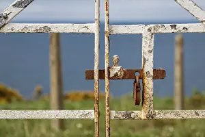Deserted Entrance Imprime: A rusty padlock on a closed gate