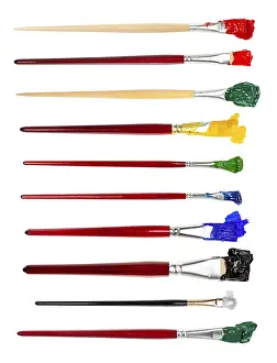 Colourful Art Supplies Imprime: Set of flat brushes with different colored tips in blobs