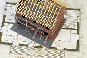 House Building Architecture Imprime: Shell construction, model and blue print