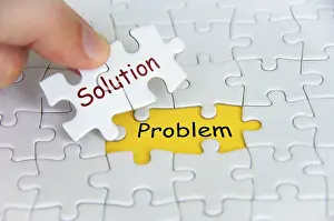 Symbolic Picture Concept Imprime: Solution and Problem text on jigsaw puzzle