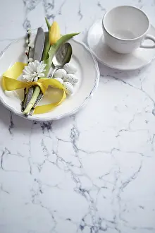 Copy Space For Text Overlay Imprime: Spring Easter Table setting at white marble table
