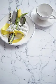 Copy Space For Text Overlay Imprime: Spring Easter Table setting at white marble table