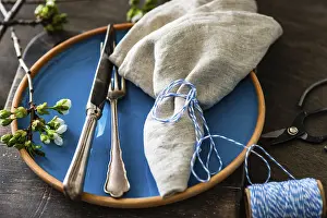 Country Style Table Decor Imprime: Spring table setting in rustic style decorated with cherry bloom tree branches