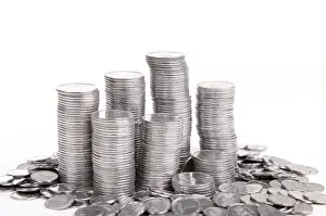 White Background Currency Imprime: Stack of coins isolated on a white background