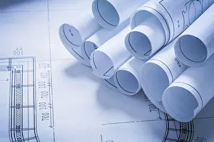 Construction Plan Details Imprime: Stack of construction plans building and architecture concept