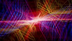 Symbolic Geometric Image Imprime: A striking 3D-rendered visualization featuring interlacing geometric patterns and intense multi-colored light