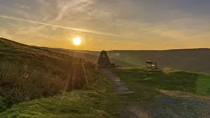 North Yorkshire England UK Imprime: Sunset and a bench with a view