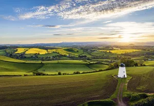 Evening Light Landscape Photo Imprime: Sunset over Devon Windmill from a drone