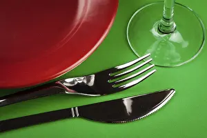 Porcelain Tableware Imprime: Table setting close up on green table