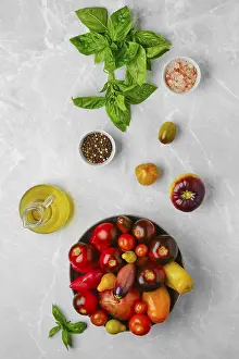 Vegetable Assortment Imprime: Vertical composition with various types of tomatoes
