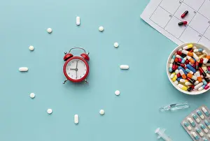 Deserted Pharmacy Scene Imprime: Top view clock shape pills