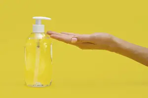 Cleanliness In Kitchen Imprime: Side view hand using liquid soap