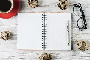 One Person Working Alone Imprime: Top view of modern creative workplace with notepad