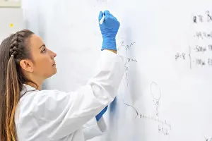 Caucasian Male Scientist Imprime: Side view of a scientist using a white board to write data