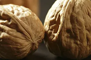 Deserted Walnut Scene Imprime: Three walnuts with shells over black background and shadows