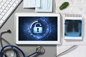 Healthcare System Symbolic Imprime: Web security and technology concept with tablet pc on table