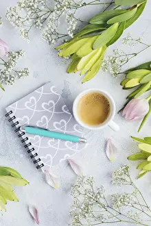 Flat Lay Top View Imprime: Workspace with diary, notebook