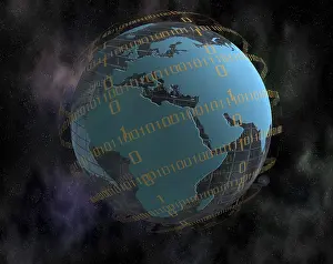 Symbolic World Map Imprime: World globe and binary code